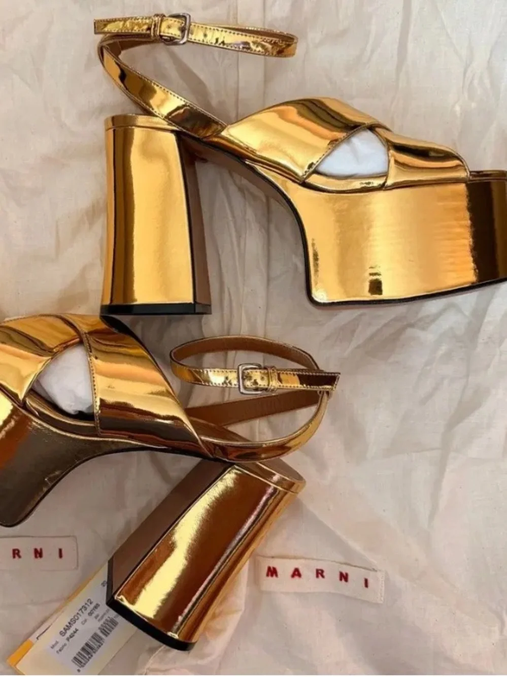 MARNI Gold Platform Block Heel Sandals - Women's Ankle Strap